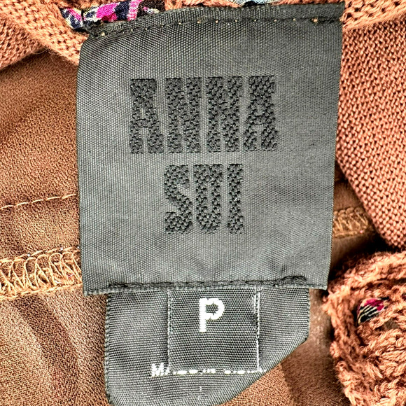 ANNA SUI Small Dress Brown Crochet Pink Blue Floral Silky Boho Babydoll Hippie - Picture 5 of 9